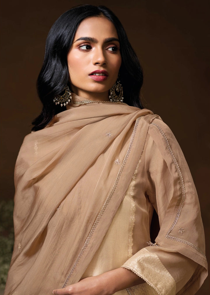 Light Brown Jacquard Silk Salwar Suit with Intricate Embroidery Work