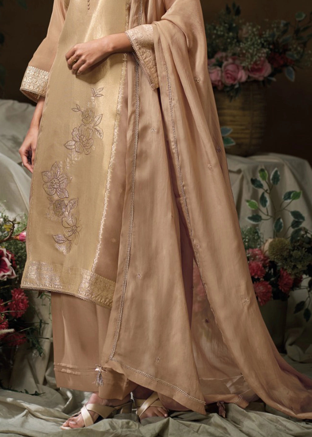 Light Brown Jacquard Silk Salwar Suit with Intricate Embroidery Work