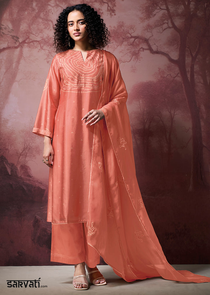 Coral Pink Silk Straight Kurta Set with Printed Detailing, Schiffli Embroidery &amp; Lace Work