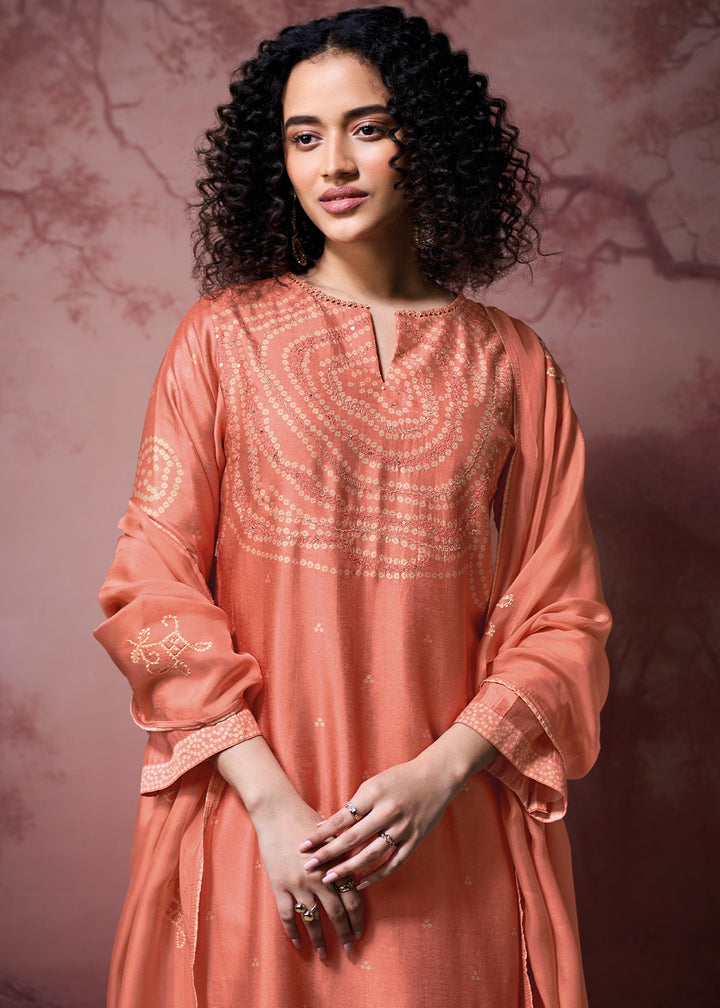Coral Pink Silk Straight Kurta Set with Printed Detailing, Schiffli Embroidery &amp; Lace Work