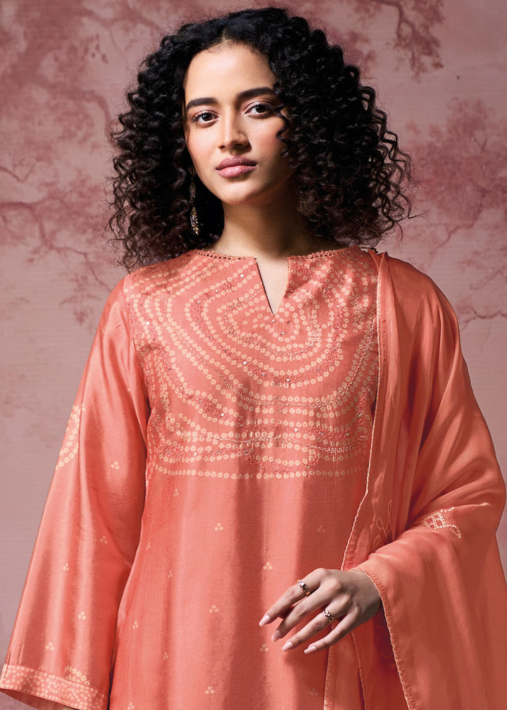 Coral Pink Silk Straight Kurta Set with Printed Detailing, Schiffli Embroidery &amp; Lace Work