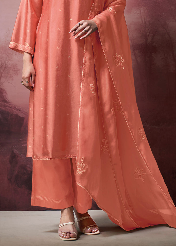 Coral Pink Silk Straight Kurta Set with Printed Detailing, Schiffli Embroidery &amp; Lace Work
