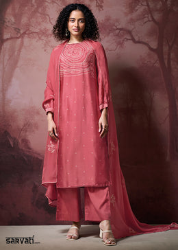 Watermelon Pink Silk Straight Kurta Set with Printed Detailing, Schiffli Embroidery & Lace Work