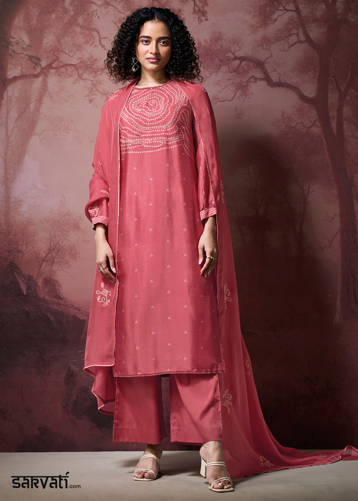 Watermelon Pink Silk Straight Kurta Set with Printed Detailing, Schiffli Embroidery &amp; Lace Work
