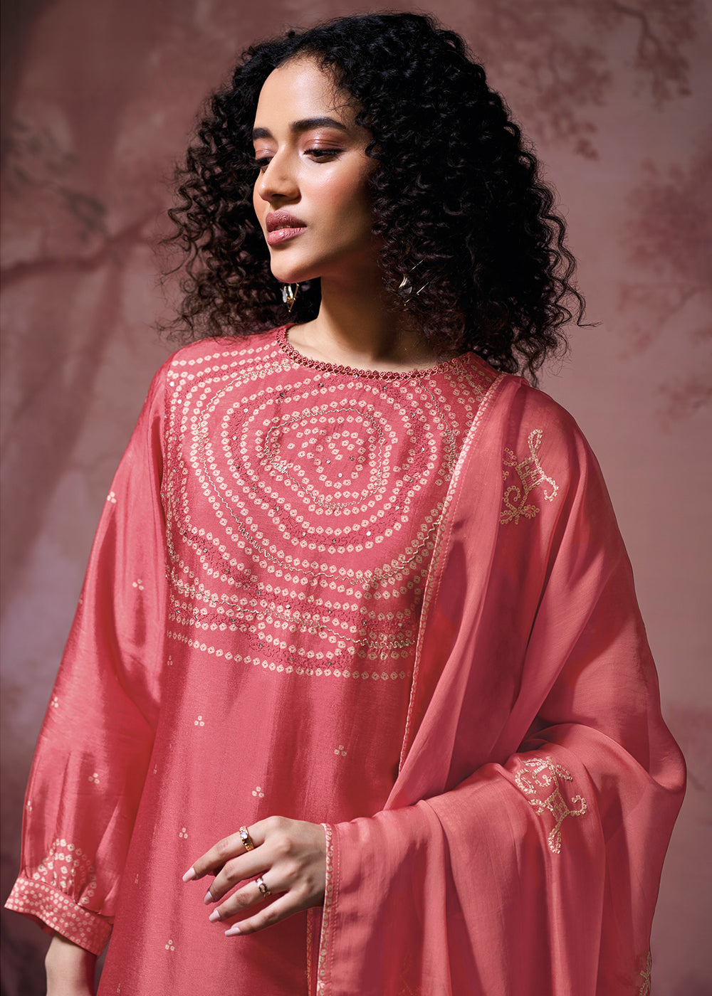 Watermelon Pink Silk Straight Kurta Set with Printed Detailing, Schiffli Embroidery &amp; Lace Work