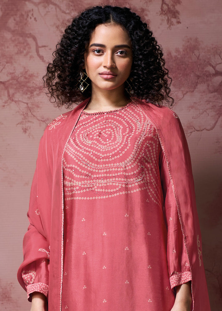 Watermelon Pink Silk Straight Kurta Set with Printed Detailing, Schiffli Embroidery &amp; Lace Work