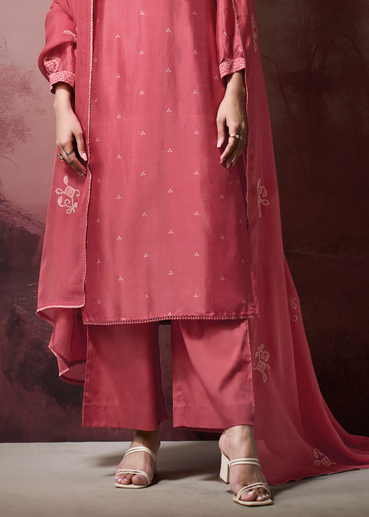 Watermelon Pink Silk Straight Kurta Set with Printed Detailing, Schiffli Embroidery &amp; Lace Work