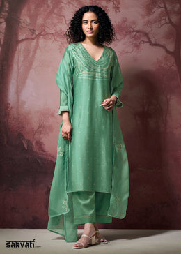 Muted Jade Green Silk Straight Kurta Set with Printed Detailing, Schiffli Embroidery & Lace Work