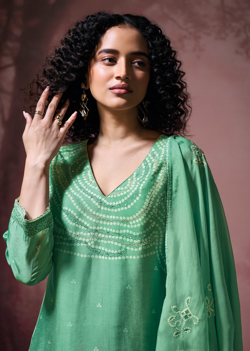 Muted Jade Green Silk Straight Kurta Set with Printed Detailing, Schiffli Embroidery &amp; Lace Work