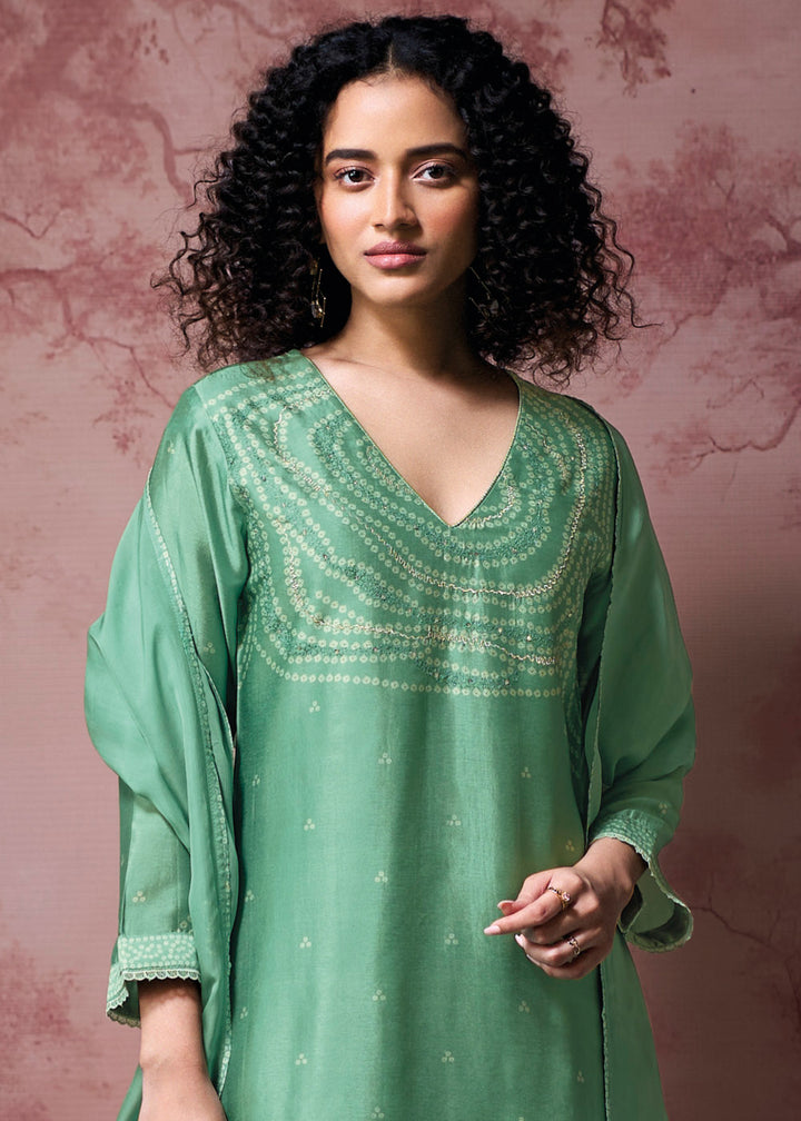 Muted Jade Green Silk Straight Kurta Set with Printed Detailing, Schiffli Embroidery &amp; Lace Work