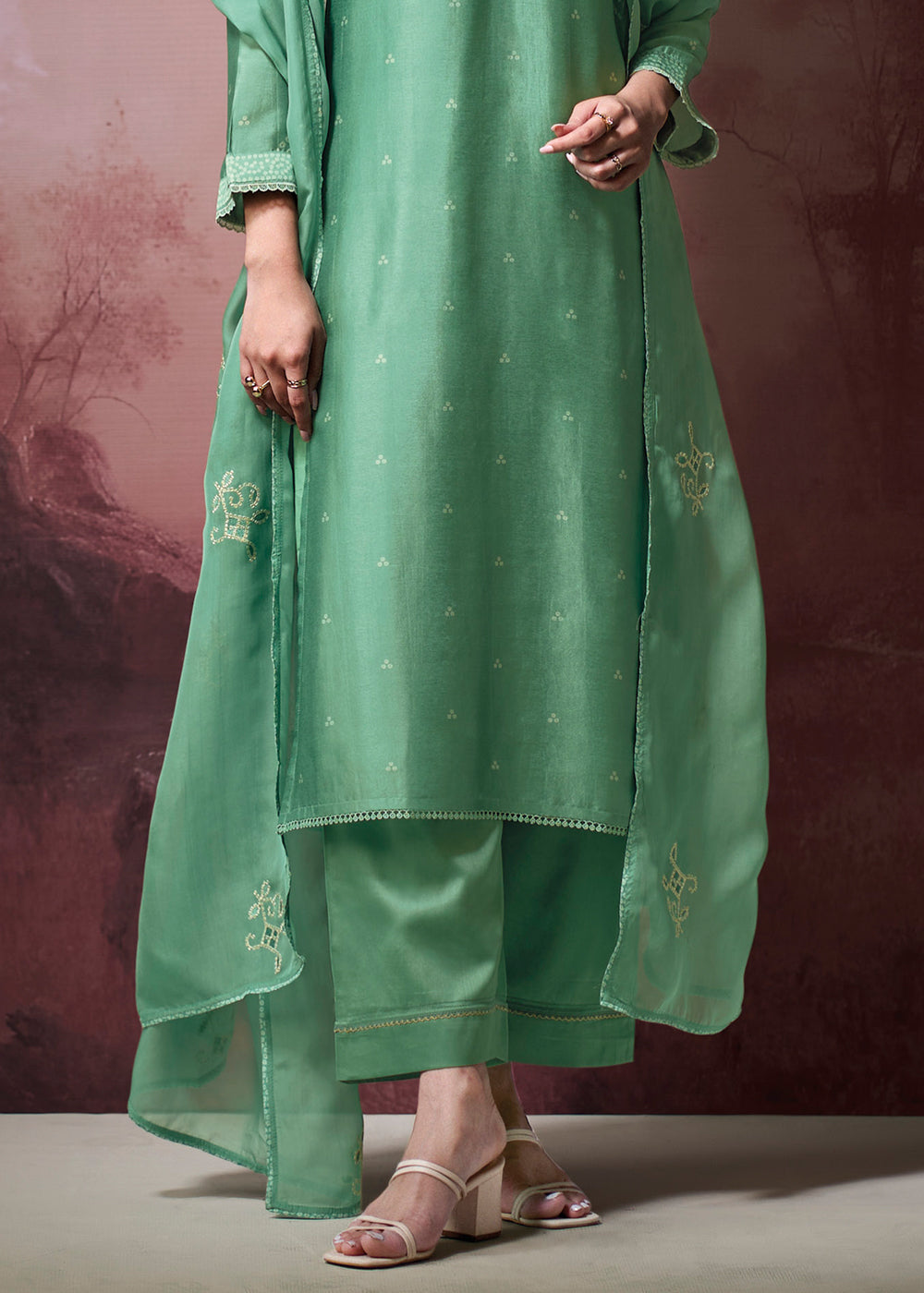 Muted Jade Green Silk Straight Kurta Set with Printed Detailing, Schiffli Embroidery &amp; Lace Work
