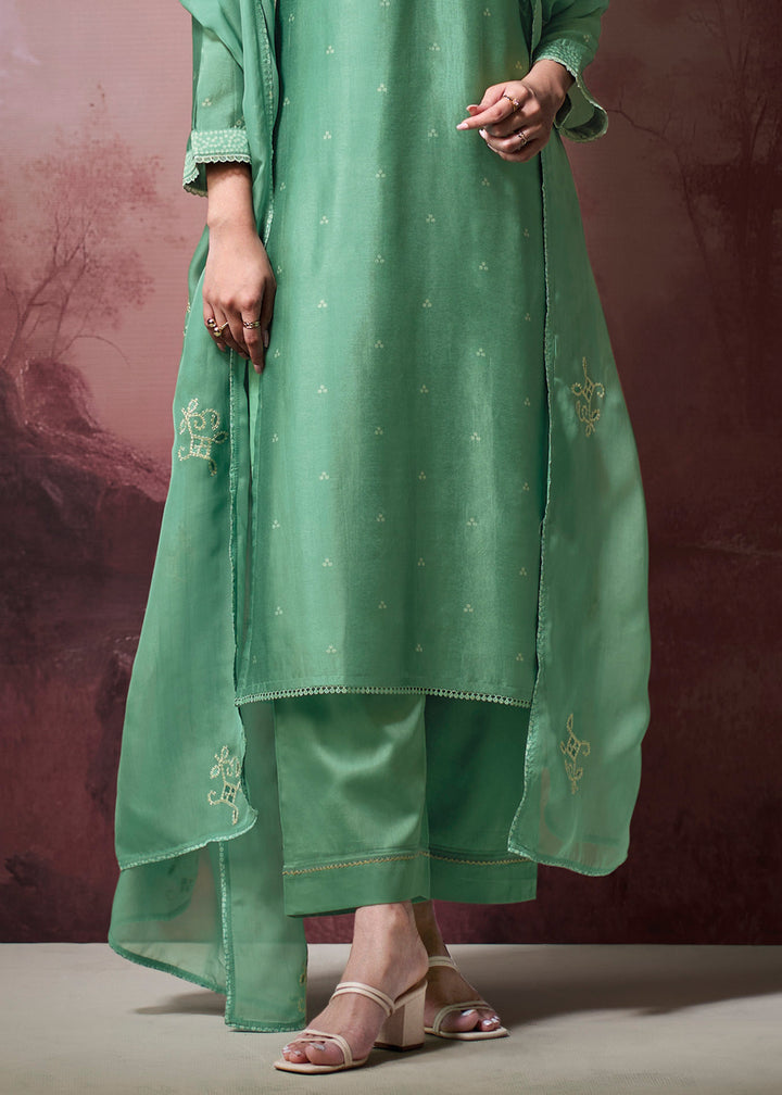 Muted Jade Green Silk Straight Kurta Set with Printed Detailing, Schiffli Embroidery &amp; Lace Work