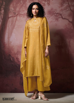 Mustard Yellow Silk Straight Kurta Set with Printed Detailing, Schiffli Embroidery & Lace Work