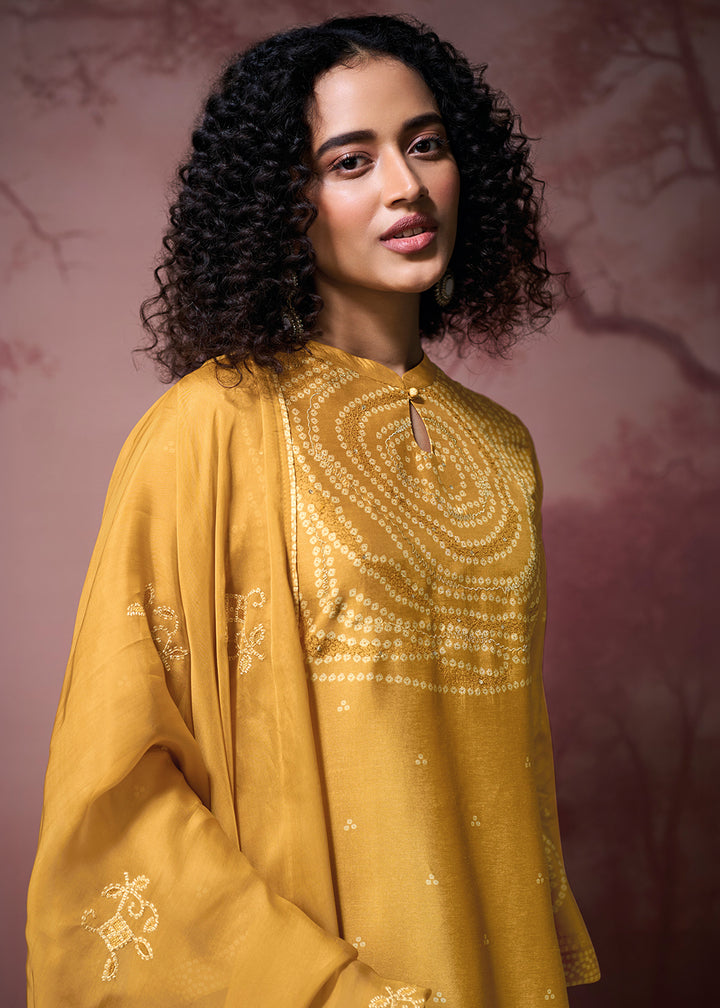 Mustard Yellow Silk Straight Kurta Set with Printed Detailing, Schiffli Embroidery &amp; Lace Work