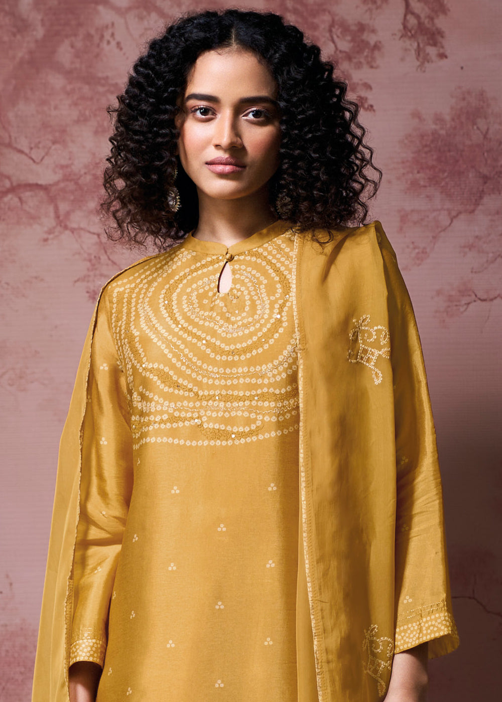 Mustard Yellow Silk Straight Kurta Set with Printed Detailing, Schiffli Embroidery &amp; Lace Work