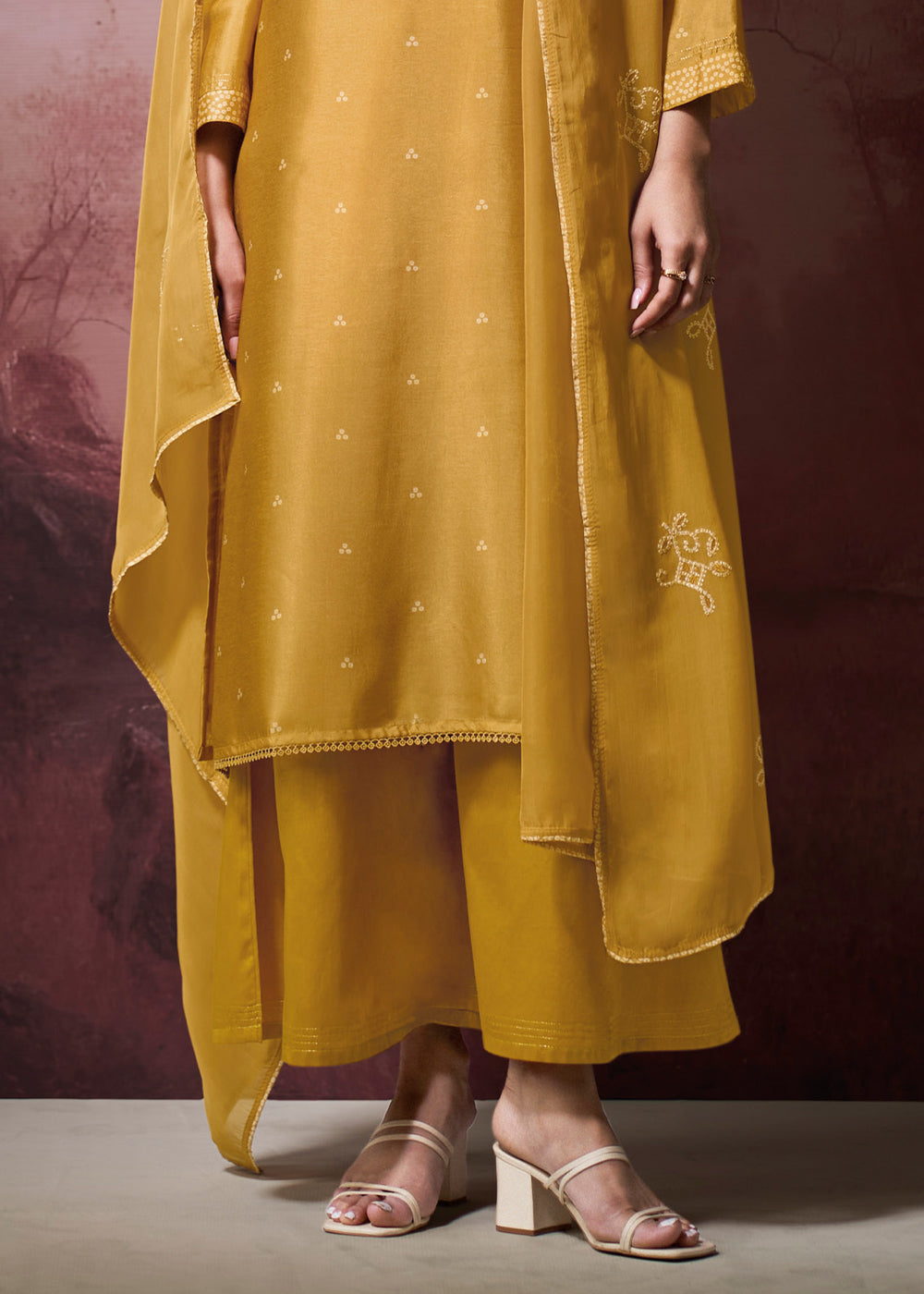 Mustard Yellow Silk Straight Kurta Set with Printed Detailing, Schiffli Embroidery &amp; Lace Work