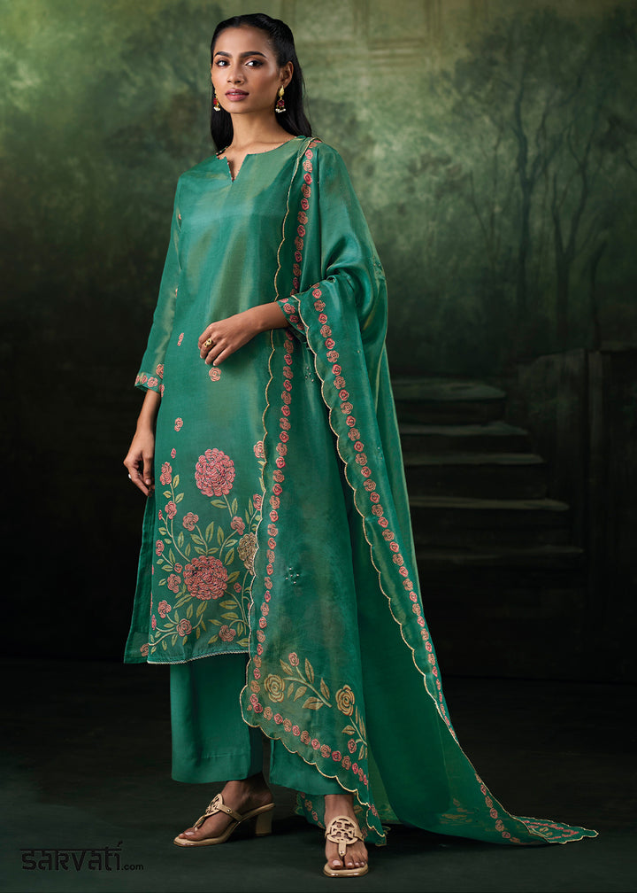 Emerald Green Jacquard Silk Straight Kurta Set with Printed Detailing &amp; Hand Embroidery