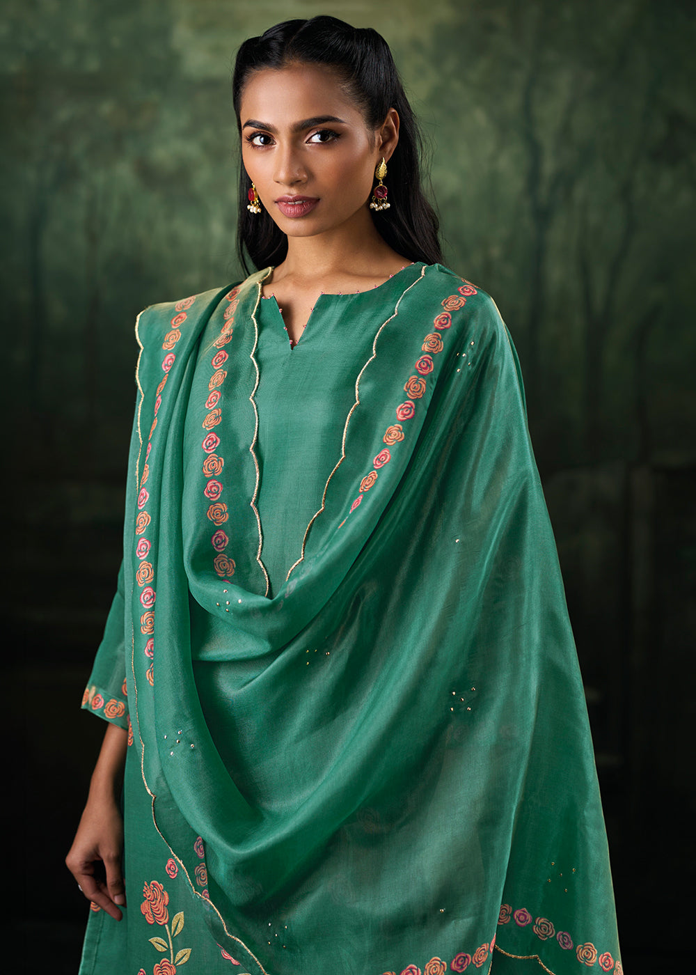 Emerald Green Jacquard Silk Straight Kurta Set with Printed Detailing &amp; Hand Embroidery