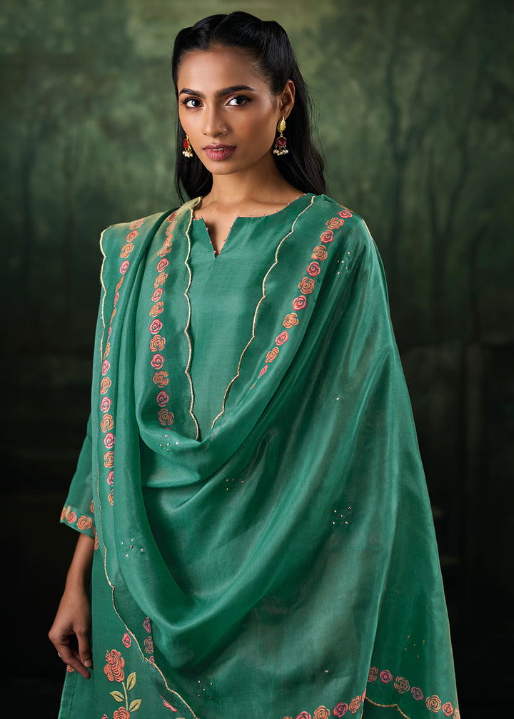 Emerald Green Jacquard Silk Straight Kurta Set with Printed Detailing &amp; Hand Embroidery