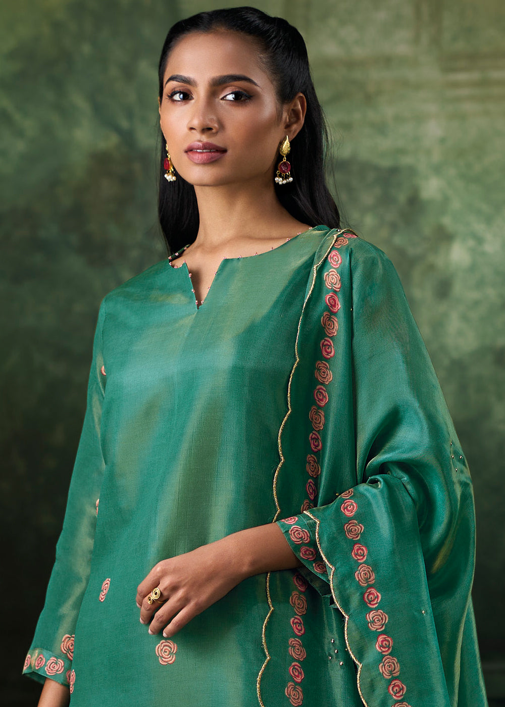 Emerald Green Jacquard Silk Straight Kurta Set with Printed Detailing &amp; Hand Embroidery
