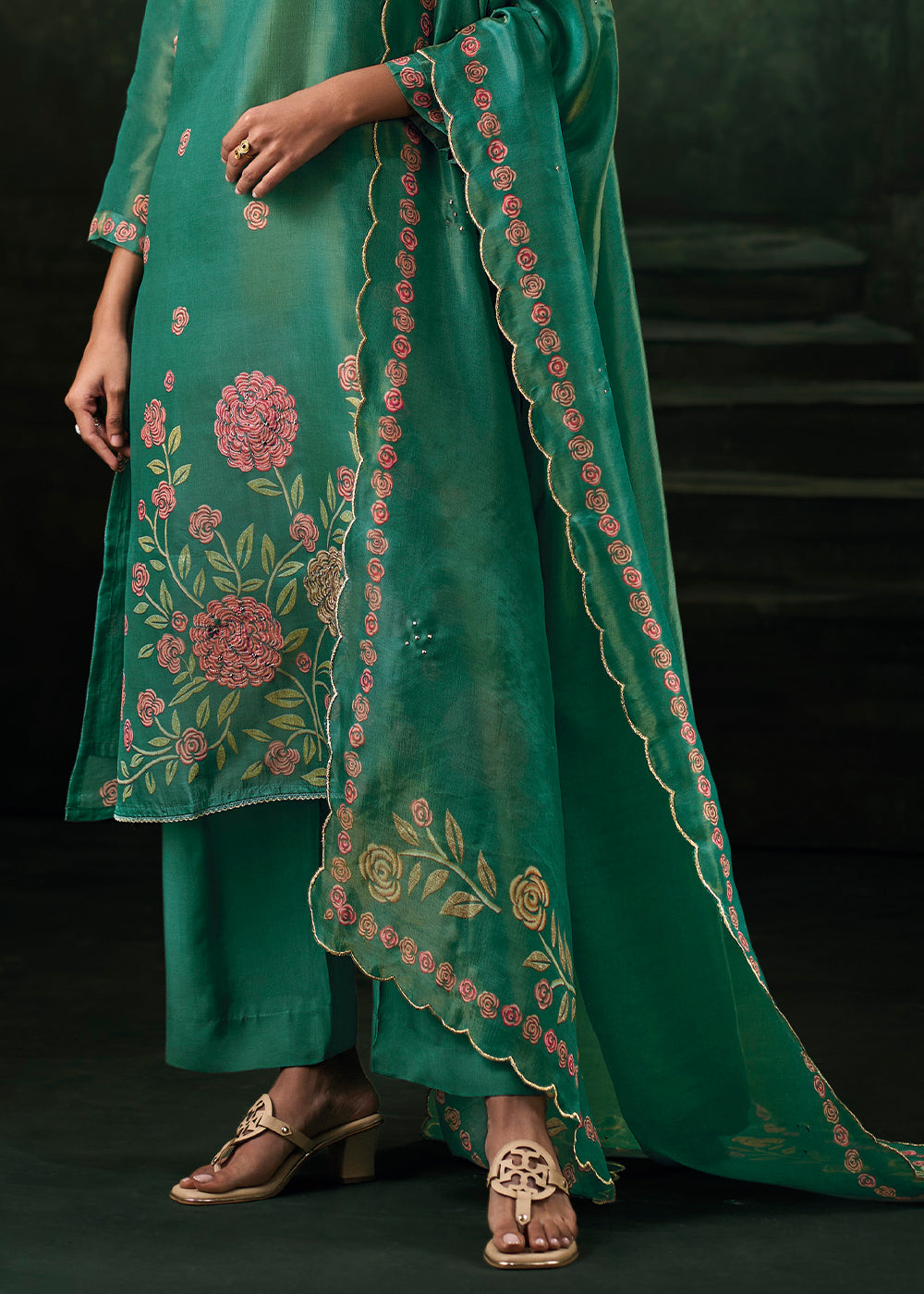Emerald Green Jacquard Silk Straight Kurta Set with Printed Detailing &amp; Hand Embroidery