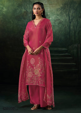 Berry Pink Jacquard Silk Straight Kurta Set with Printed Detailing & Hand Embroidery