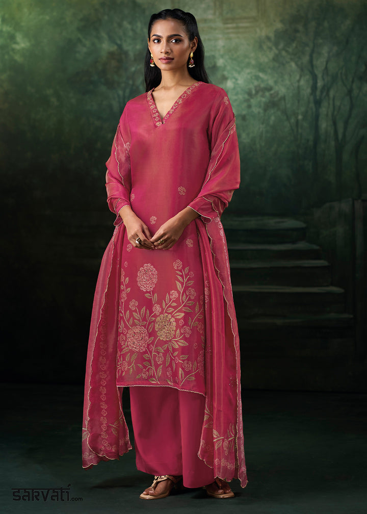 Berry Pink Jacquard Silk Straight Kurta Set with Printed Detailing &amp; Hand Embroidery