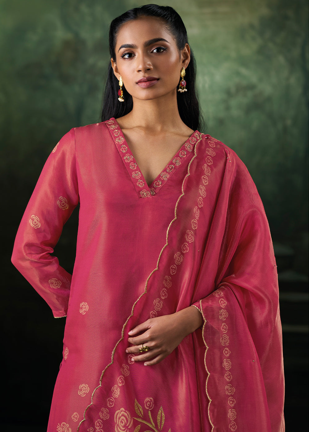 Berry Pink Jacquard Silk Straight Kurta Set with Printed Detailing &amp; Hand Embroidery