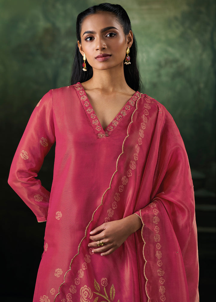 Berry Pink Jacquard Silk Straight Kurta Set with Printed Detailing &amp; Hand Embroidery