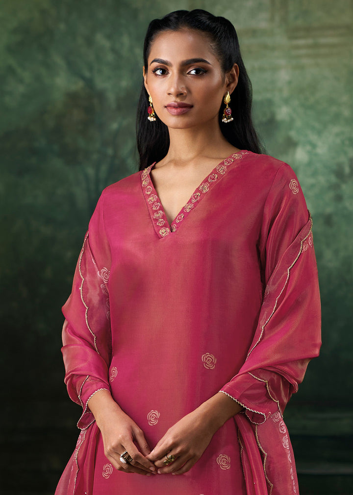 Berry Pink Jacquard Silk Straight Kurta Set with Printed Detailing &amp; Hand Embroidery