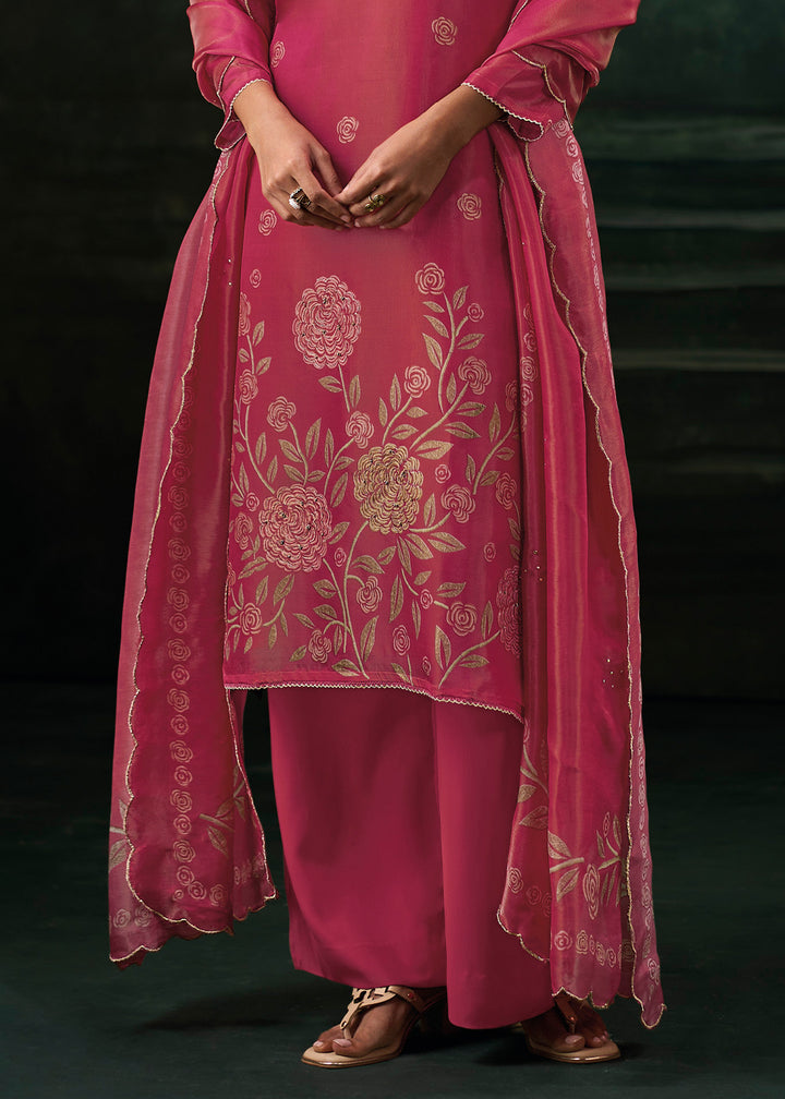 Berry Pink Jacquard Silk Straight Kurta Set with Printed Detailing &amp; Hand Embroidery