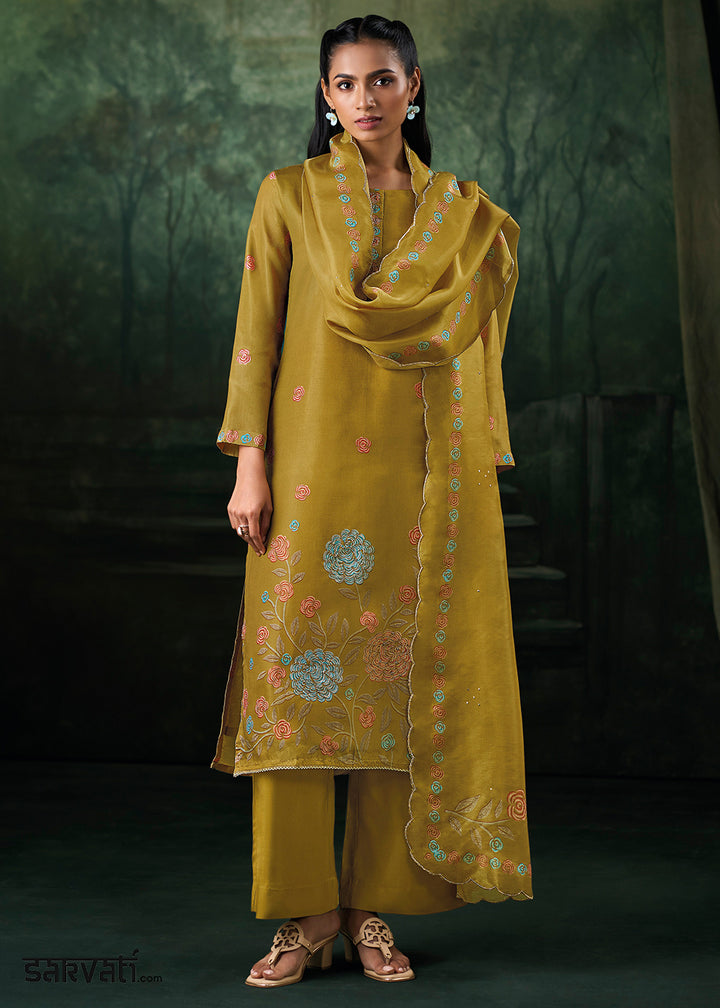 Medallion Yellow Jacquard Silk Straight Kurta Set with Printed Detailing &amp; Hand Embroidery