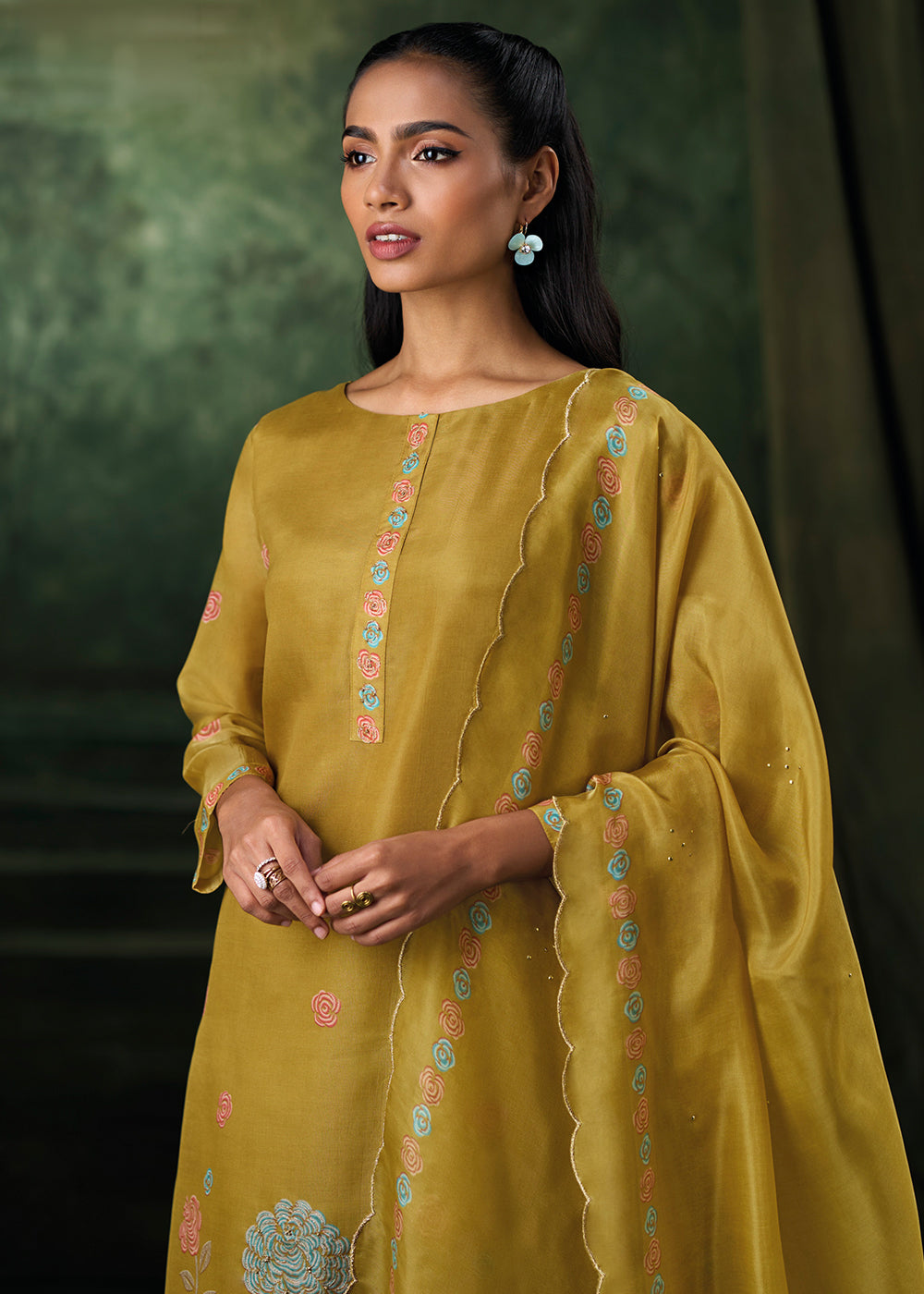 Medallion Yellow Jacquard Silk Straight Kurta Set with Printed Detailing &amp; Hand Embroidery