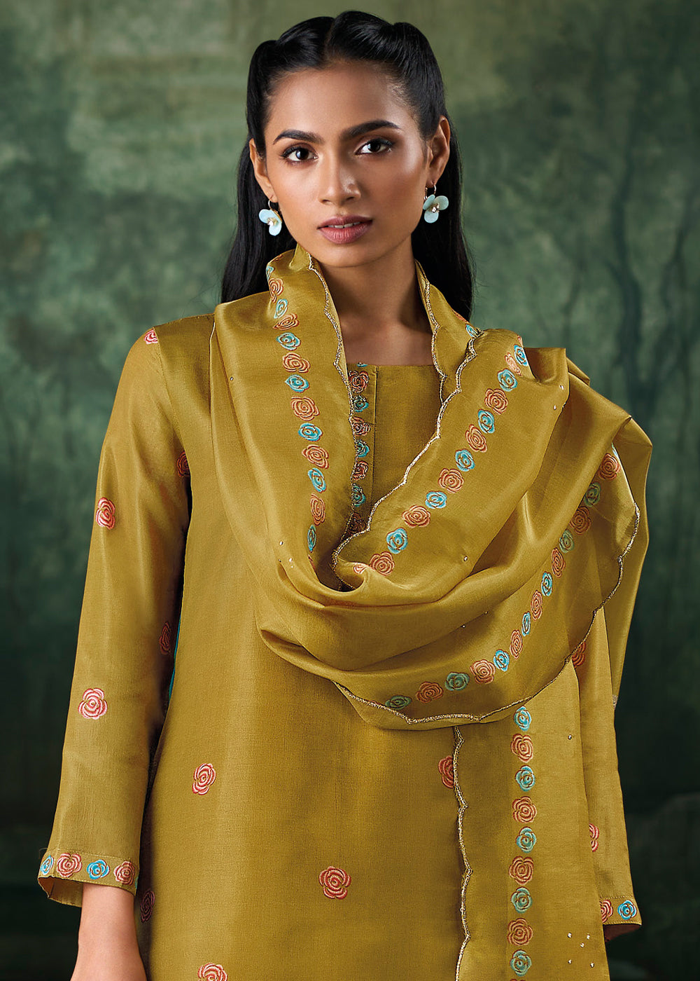 Medallion Yellow Jacquard Silk Straight Kurta Set with Printed Detailing &amp; Hand Embroidery