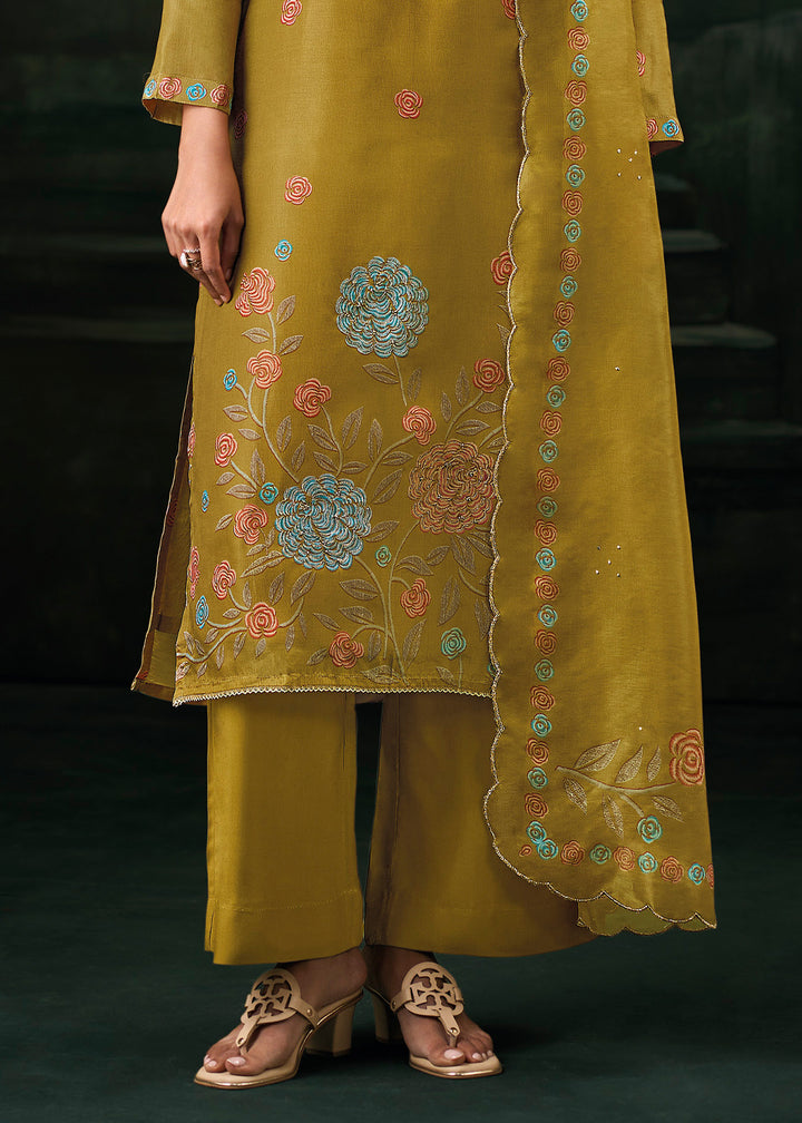 Medallion Yellow Jacquard Silk Straight Kurta Set with Printed Detailing &amp; Hand Embroidery