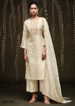Light Cream Ivory Jacquard Silk Kurta Set with Embroidery, Gota & Zari Lace