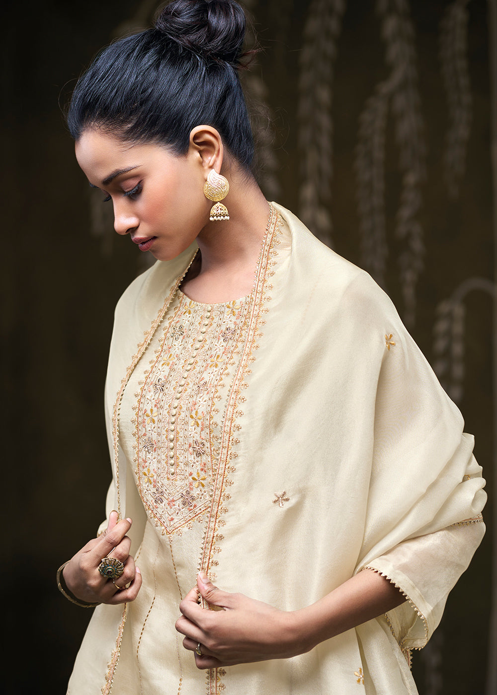 Light Cream Ivory Jacquard Silk Kurta Set with Embroidery, Gota & Zari Lace