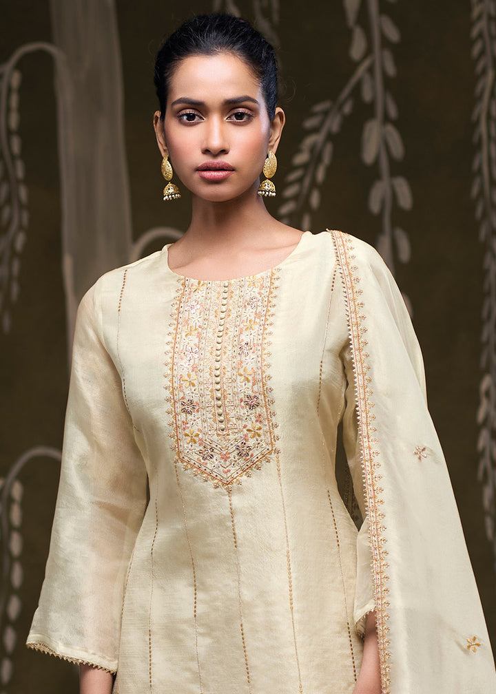 Light Cream Ivory Jacquard Silk Kurta Set with Embroidery, Gota &amp; Zari Lace