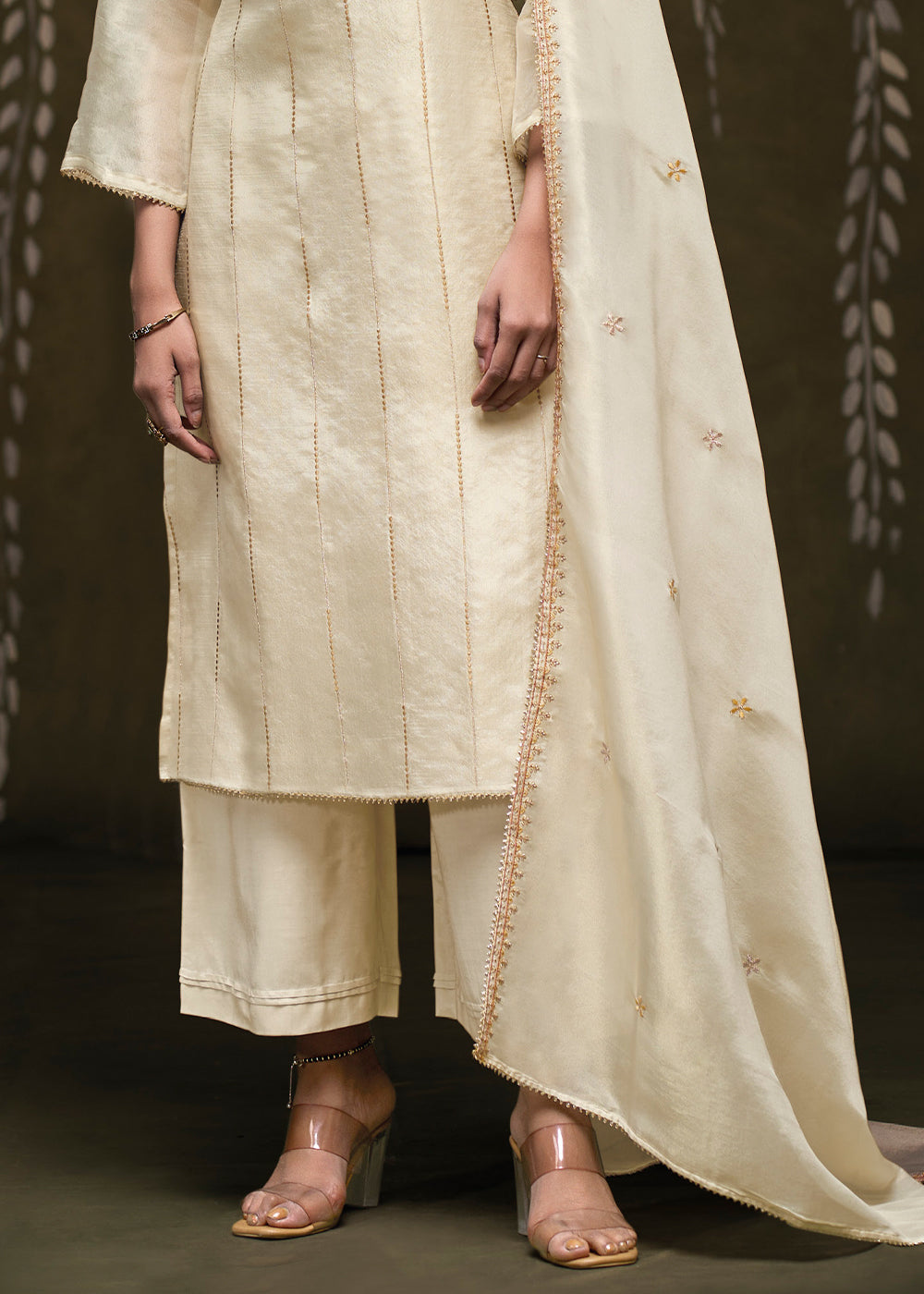 Light Cream Ivory Jacquard Silk Kurta Set with Embroidery, Gota &amp; Zari Lace