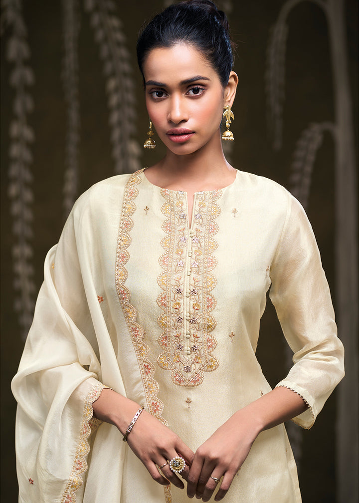 Ivory Cream Jacquard Silk Kurta Set with Scalloped Embroidery &amp; Zari Lace