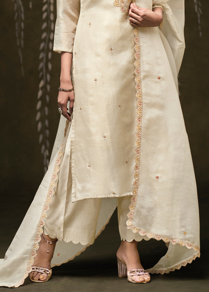 Ivory Cream Jacquard Silk Kurta Set with Scalloped Embroidery &amp; Zari Lace