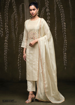 Ivory Cream Jacquard Silk Kurta Set with Embroidered Panels & Floral Work