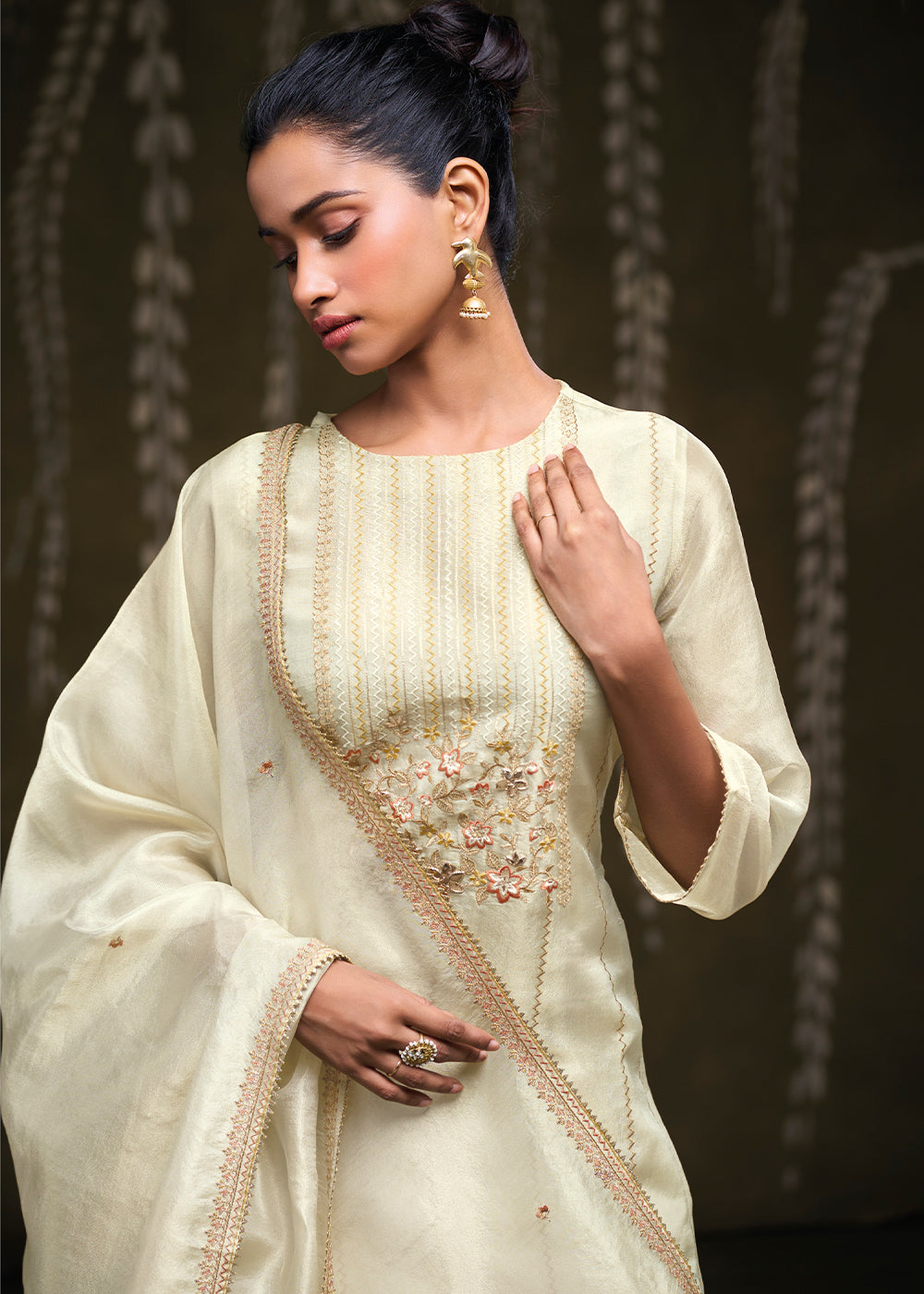 Ivory Cream Jacquard Silk Kurta Set with Embroidered Panels & Floral Work