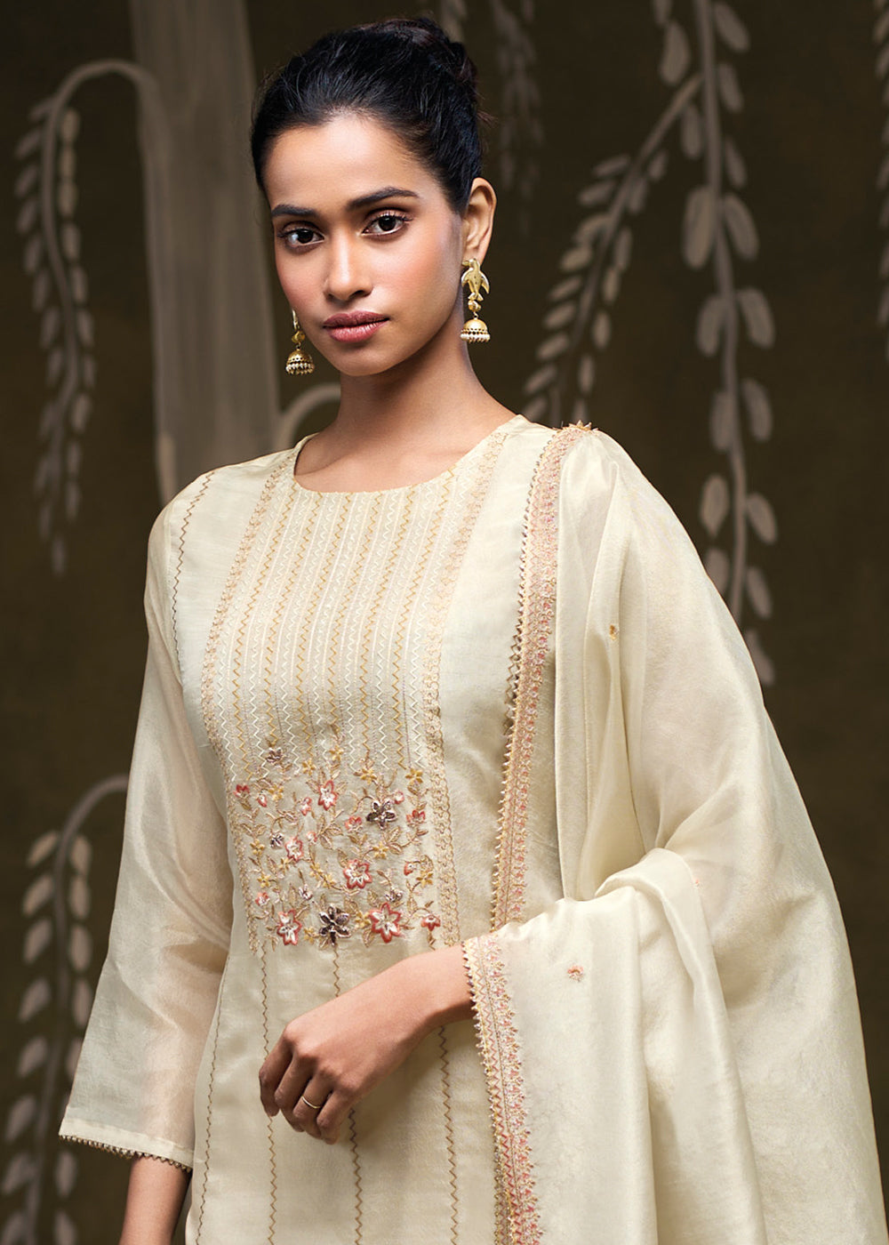 Ivory Cream Jacquard Silk Kurta Set with Embroidered Panels &amp; Floral Work