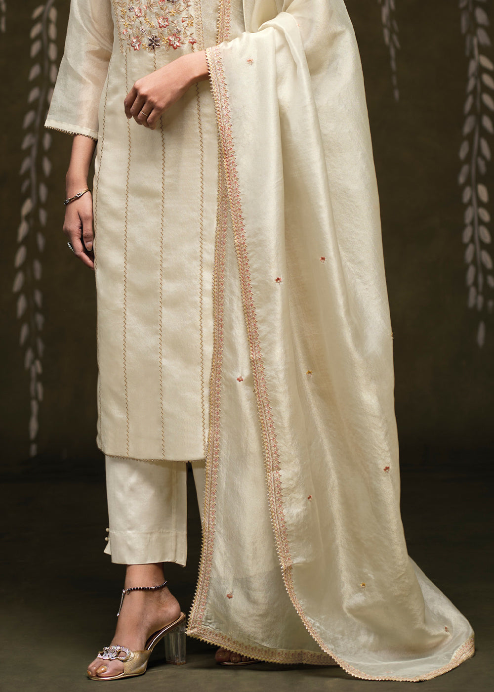 Ivory Cream Jacquard Silk Kurta Set with Embroidered Panels &amp; Floral Work
