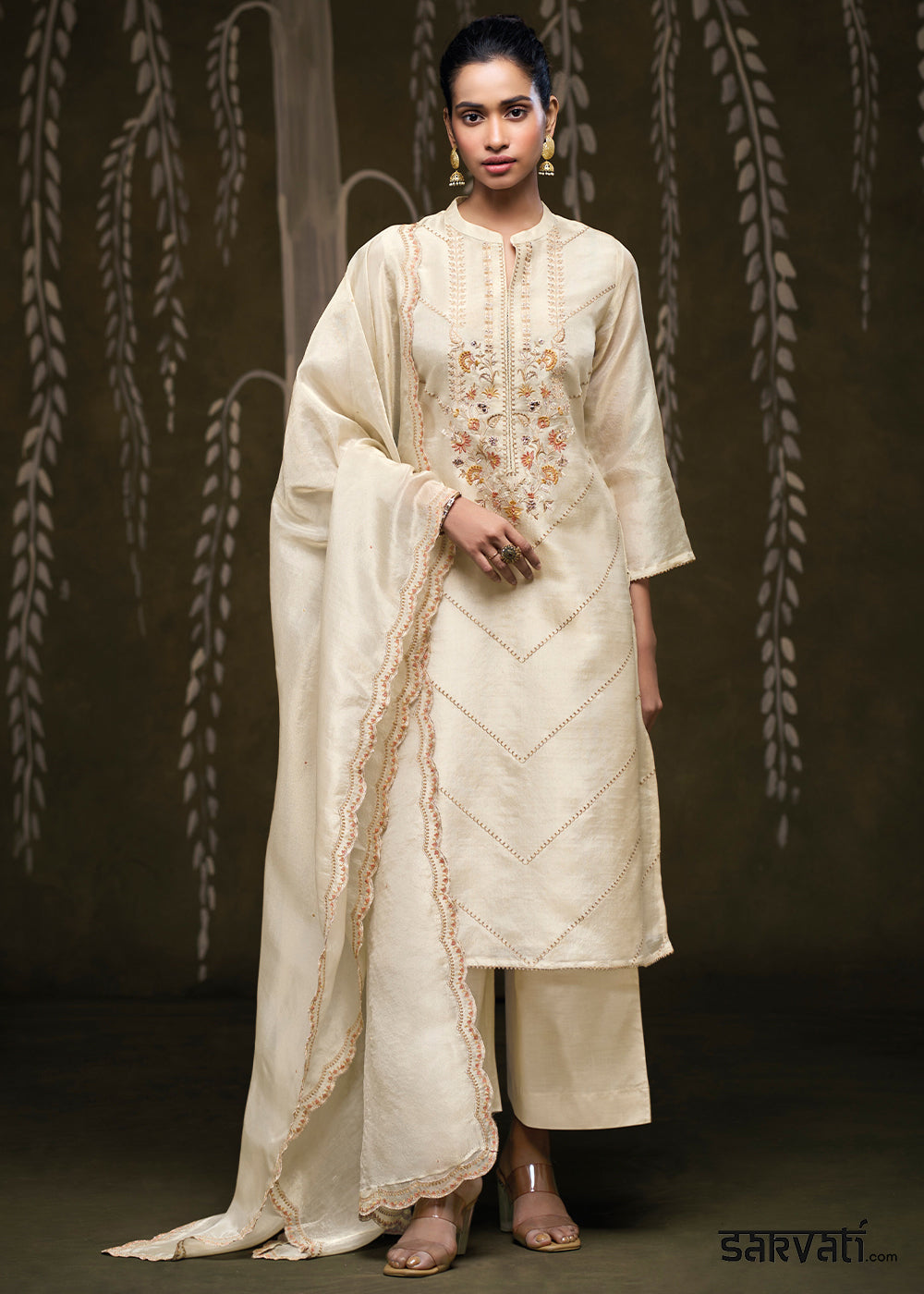Ivory Cream Jacquard Silk Kurta Set with Chevron Threadwork &amp; Floral Embroidery
