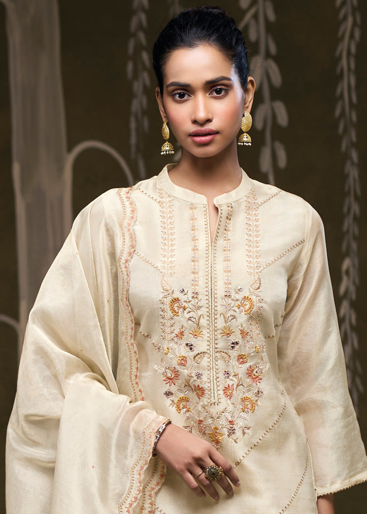 Ivory Cream Jacquard Silk Kurta Set with Chevron Threadwork &amp; Floral Embroidery