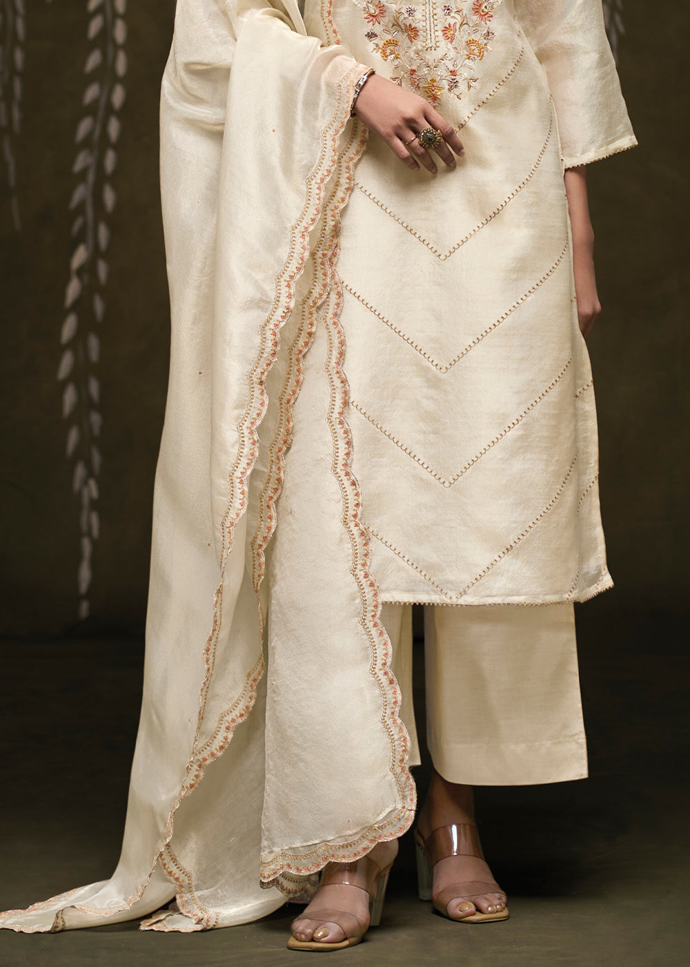 Ivory Cream Jacquard Silk Kurta Set with Chevron Threadwork &amp; Floral Embroidery