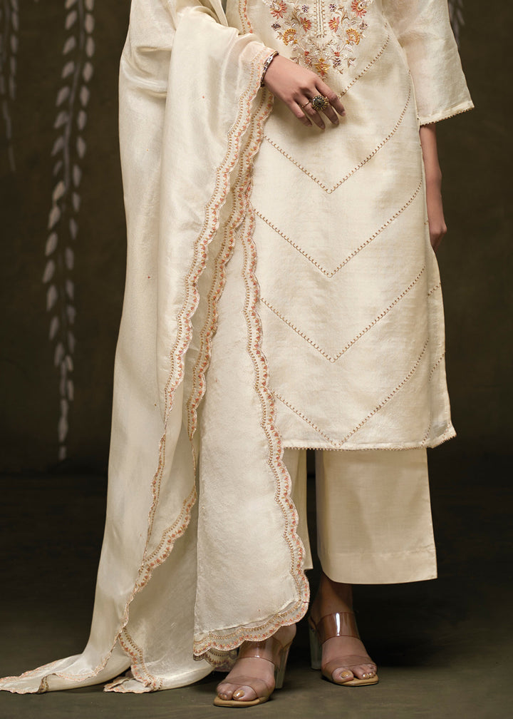 Ivory Cream Jacquard Silk Kurta Set with Chevron Threadwork &amp; Floral Embroidery