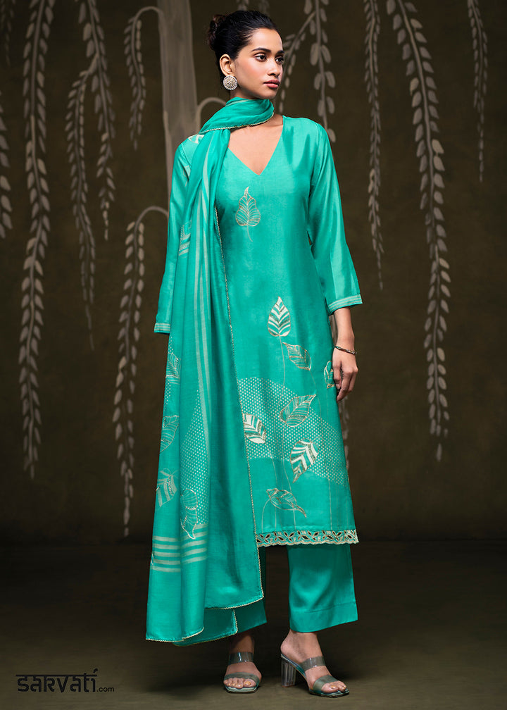 Turquoise Green Silk Printed Straight Kurta Set with Hand Embroidery &amp; Zari Work